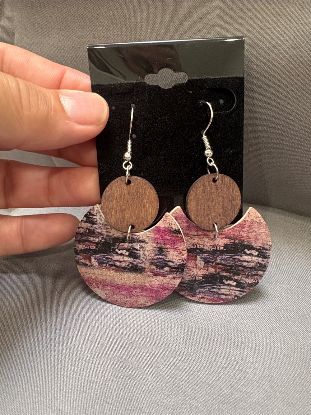 Boho Geometric Pink and Brown Dangle Earrings
